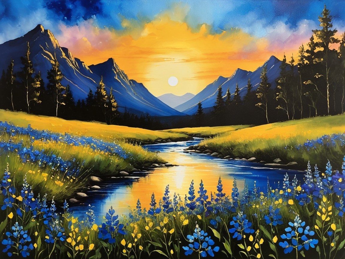 Vibrant Sunset Over Majestic Mountains and River