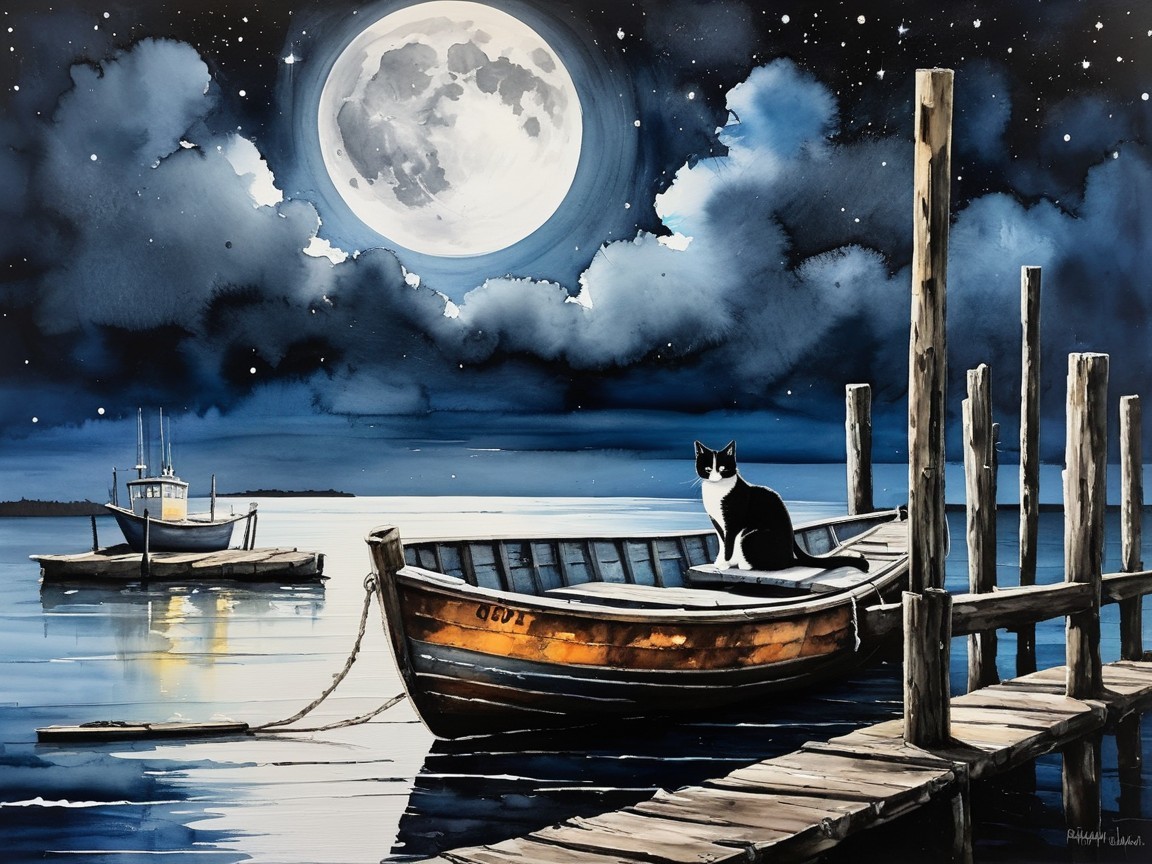 Tranquil Lakeside Scene with Moonlit Waterway and Cat