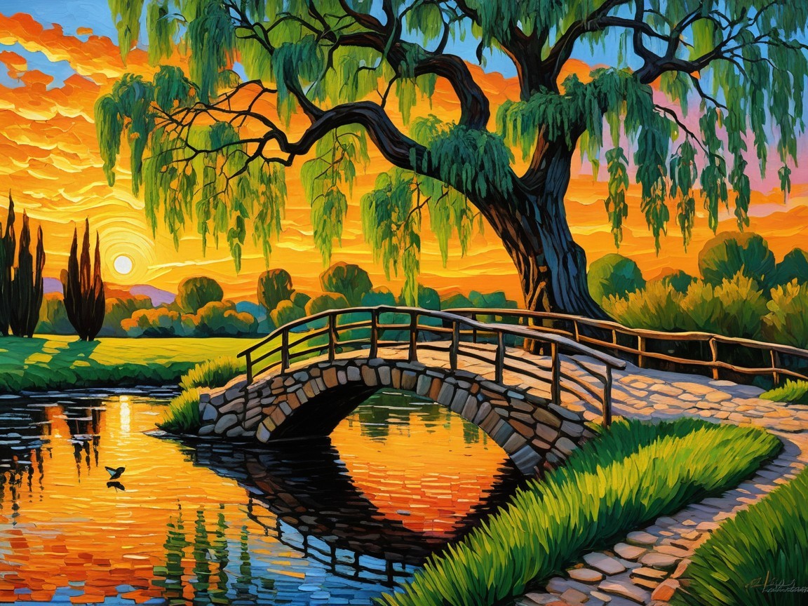 Tranquil Sunset Landscape with Stone Bridge and Pond