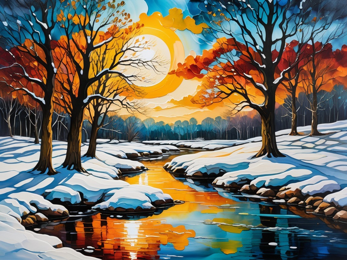Vibrant Winter Landscape with Sunset Reflections