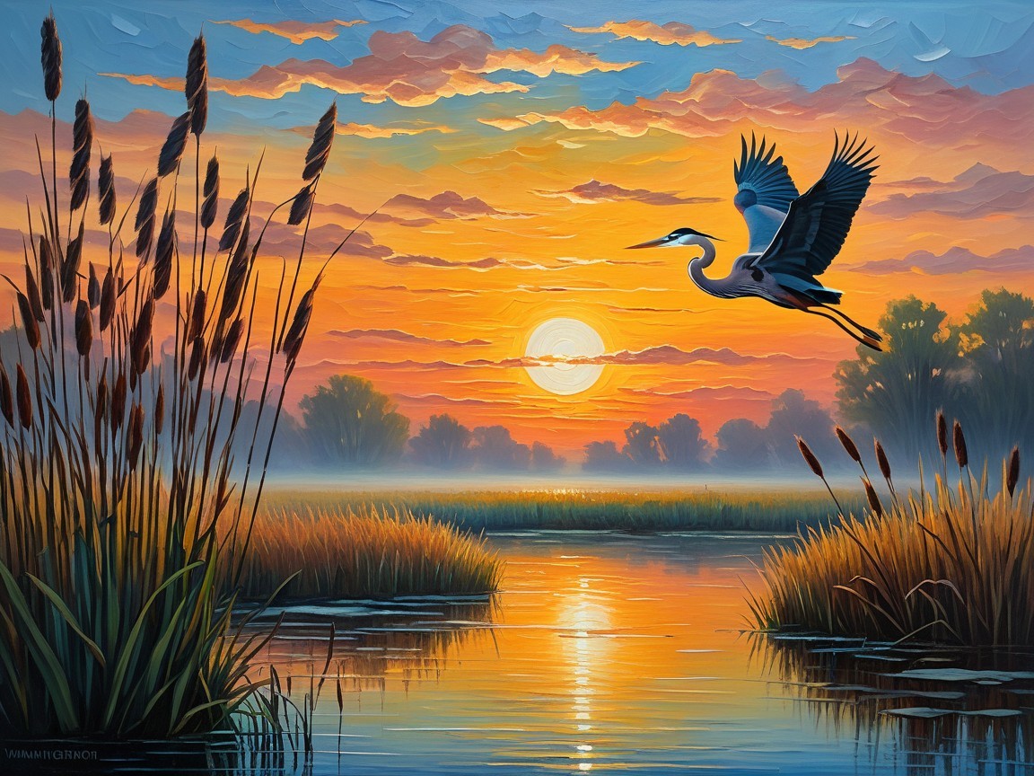 Serene Sunset Over Tranquil Waterway with Heron