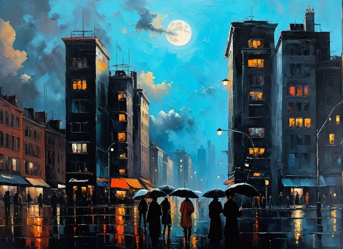 Nighttime Cityscape with Moon and Rain-Soaked Streets