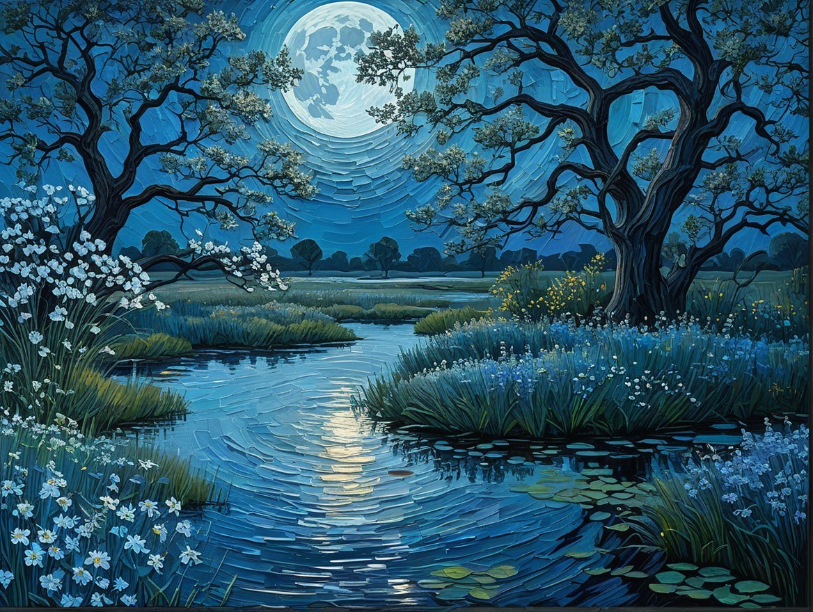 Tranquil Night Scene with Moonlit River and Flora