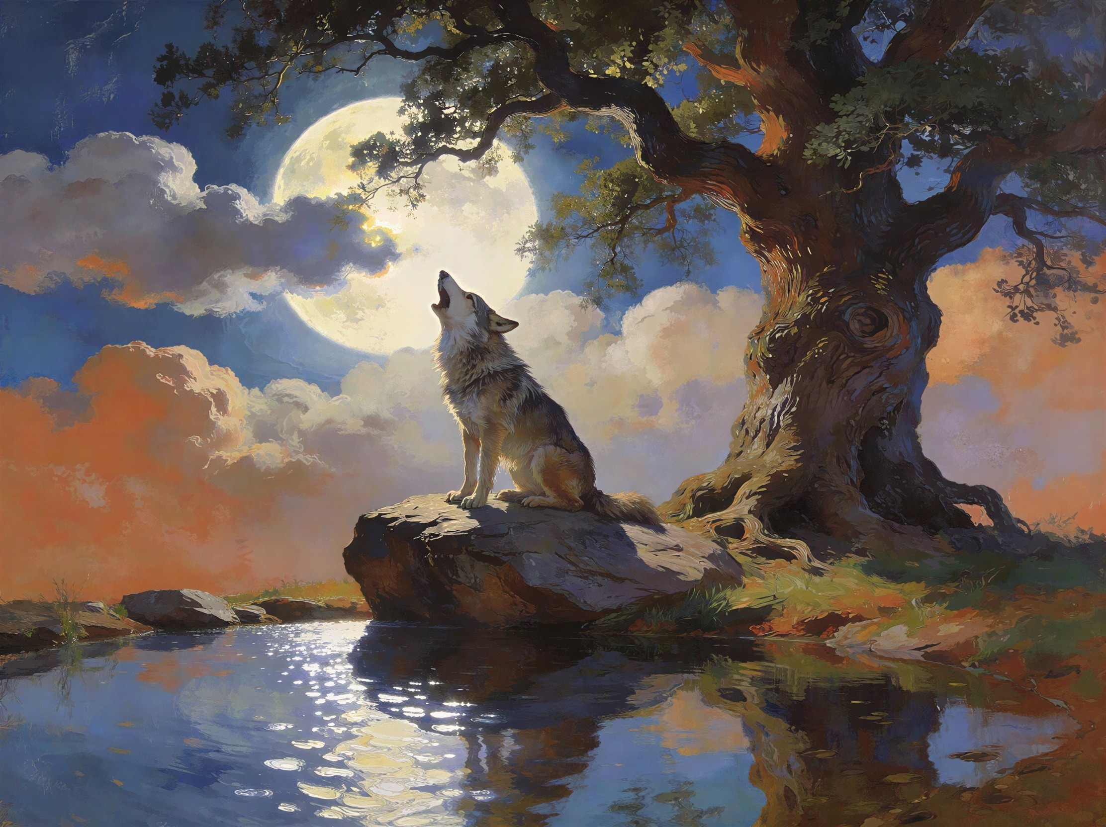Oil Painting of a Wolf Howling Under a Full Moon