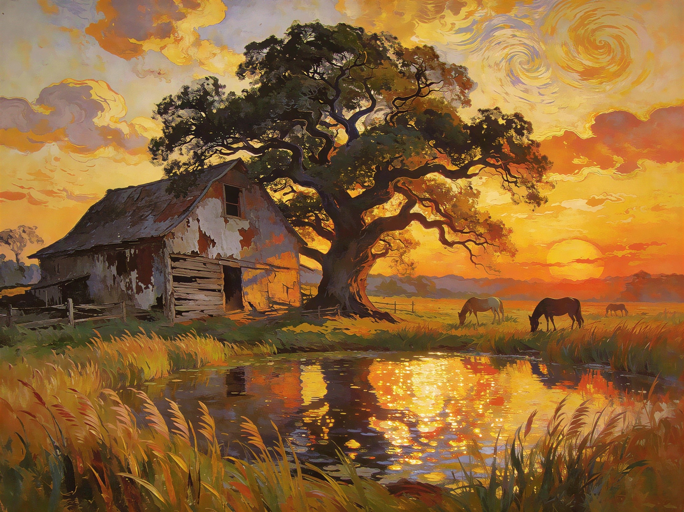 Weathered barn and gnarled tree at sunset scene