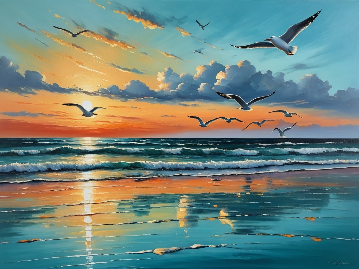 Vibrant Sunset Over Calm Ocean with Seagulls