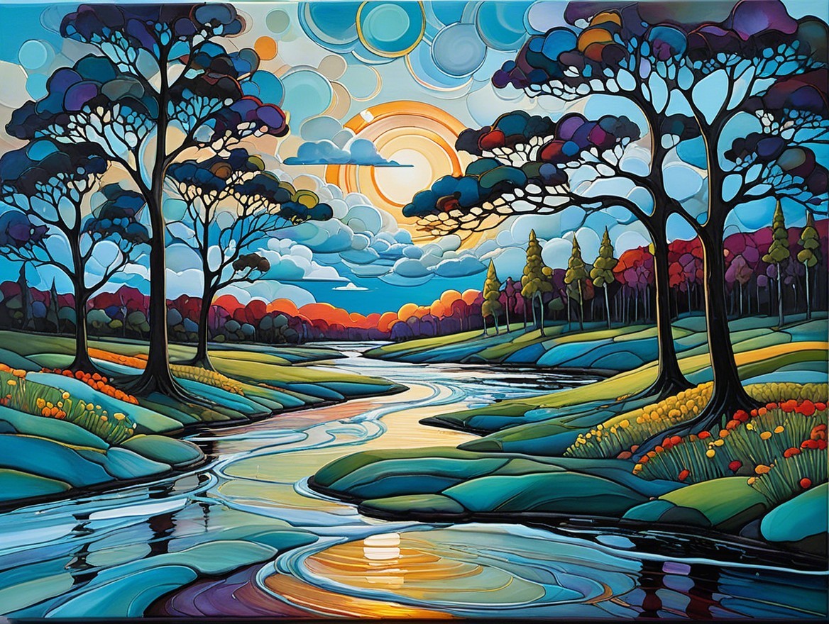 Vibrant Landscape with Serene River and Colorful Forest