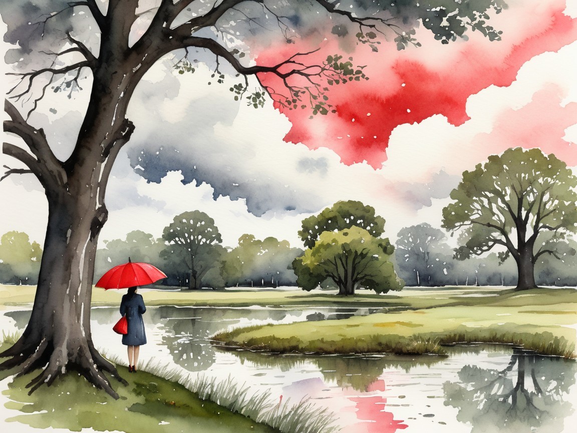 Serene landscape with person by calm lake and umbrella