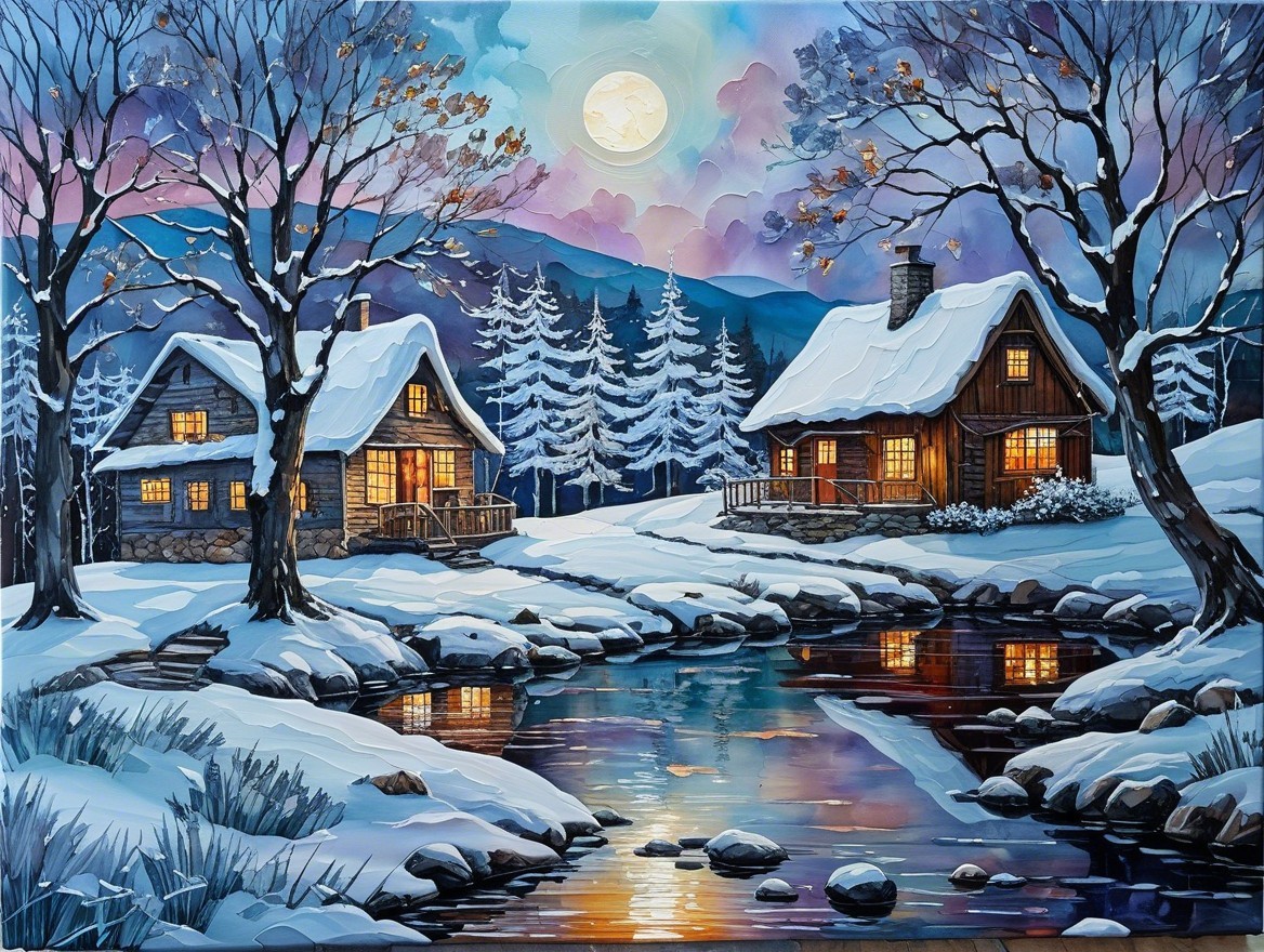 Serene winter landscape with cozy cottages and snow