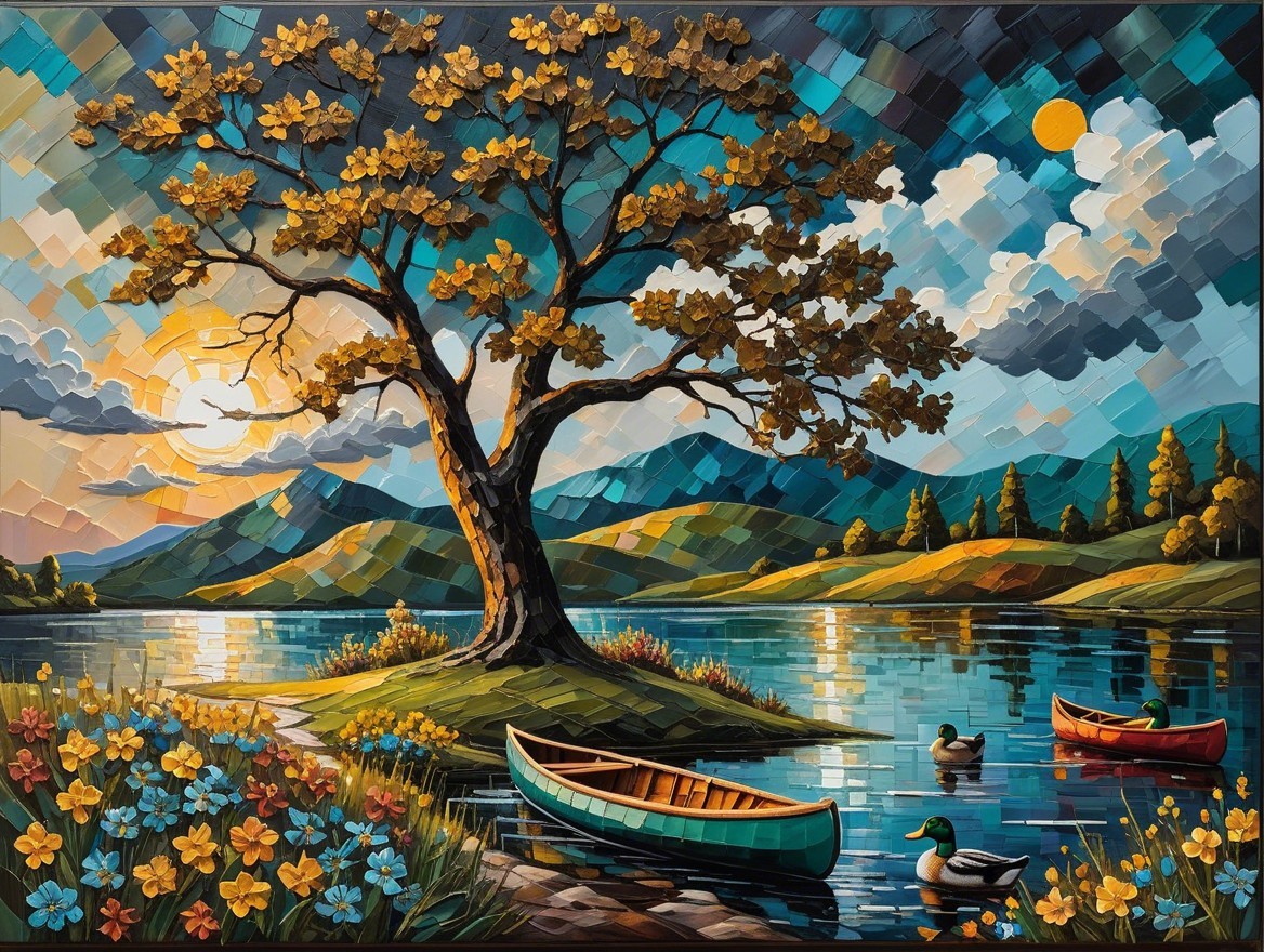 Vibrant Tree and Lake in Serene Landscape Scene