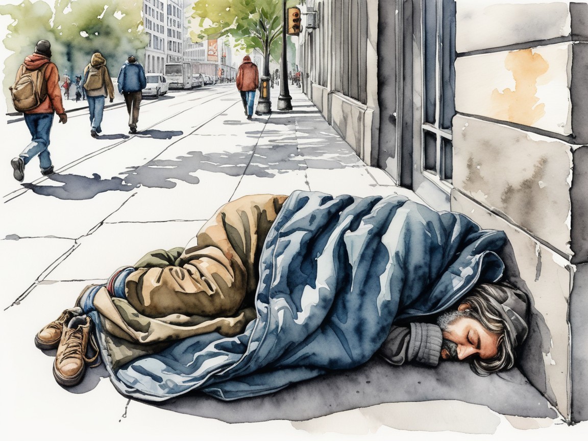 City Sidewalk Scene with Homeless Man and Urban Life