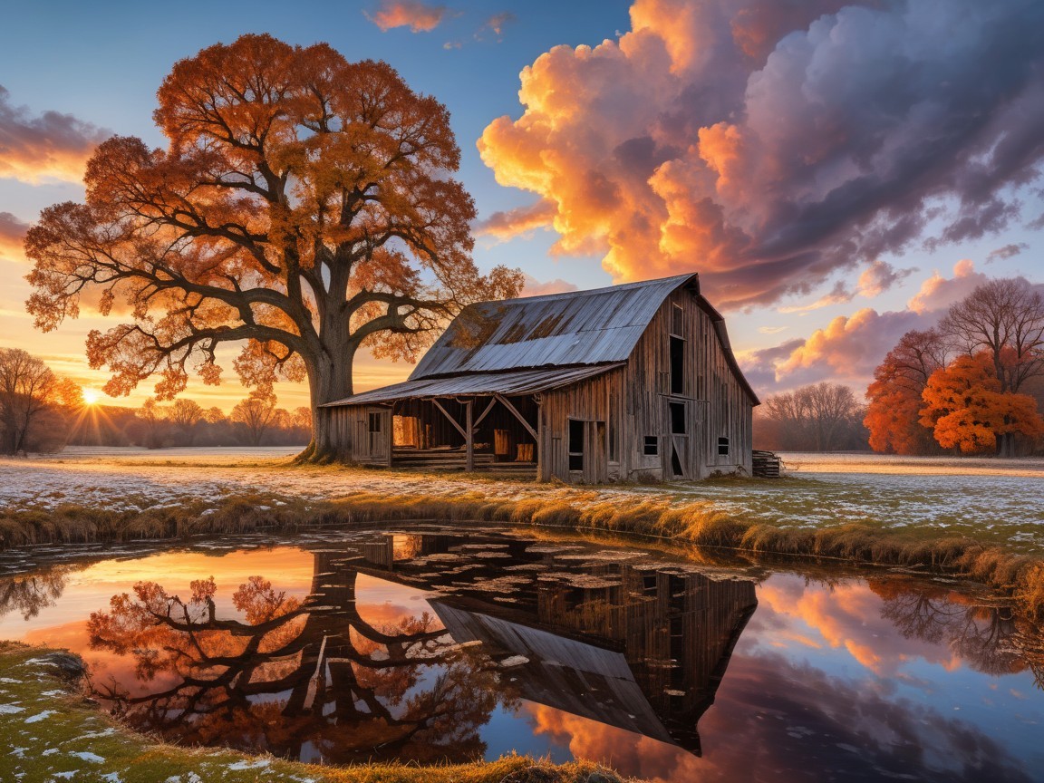 Rustic barn by tranquil pond in autumn sunset
