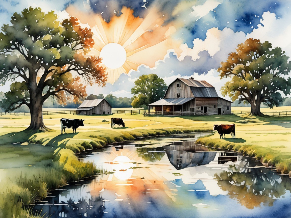 Serene Countryside Farm with Rustic Barns and Cows