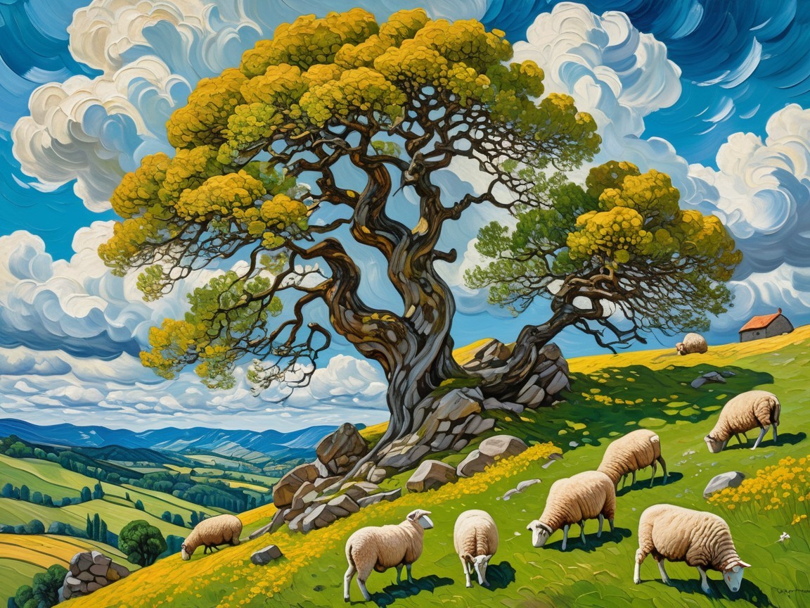 Vibrant Landscape with Tree, Sheep, and Rolling Hills