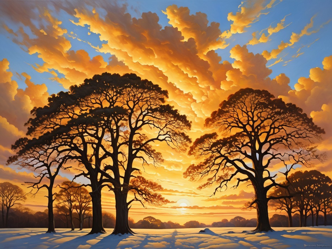 Vibrant Sunset Over a Winter Landscape with Snow