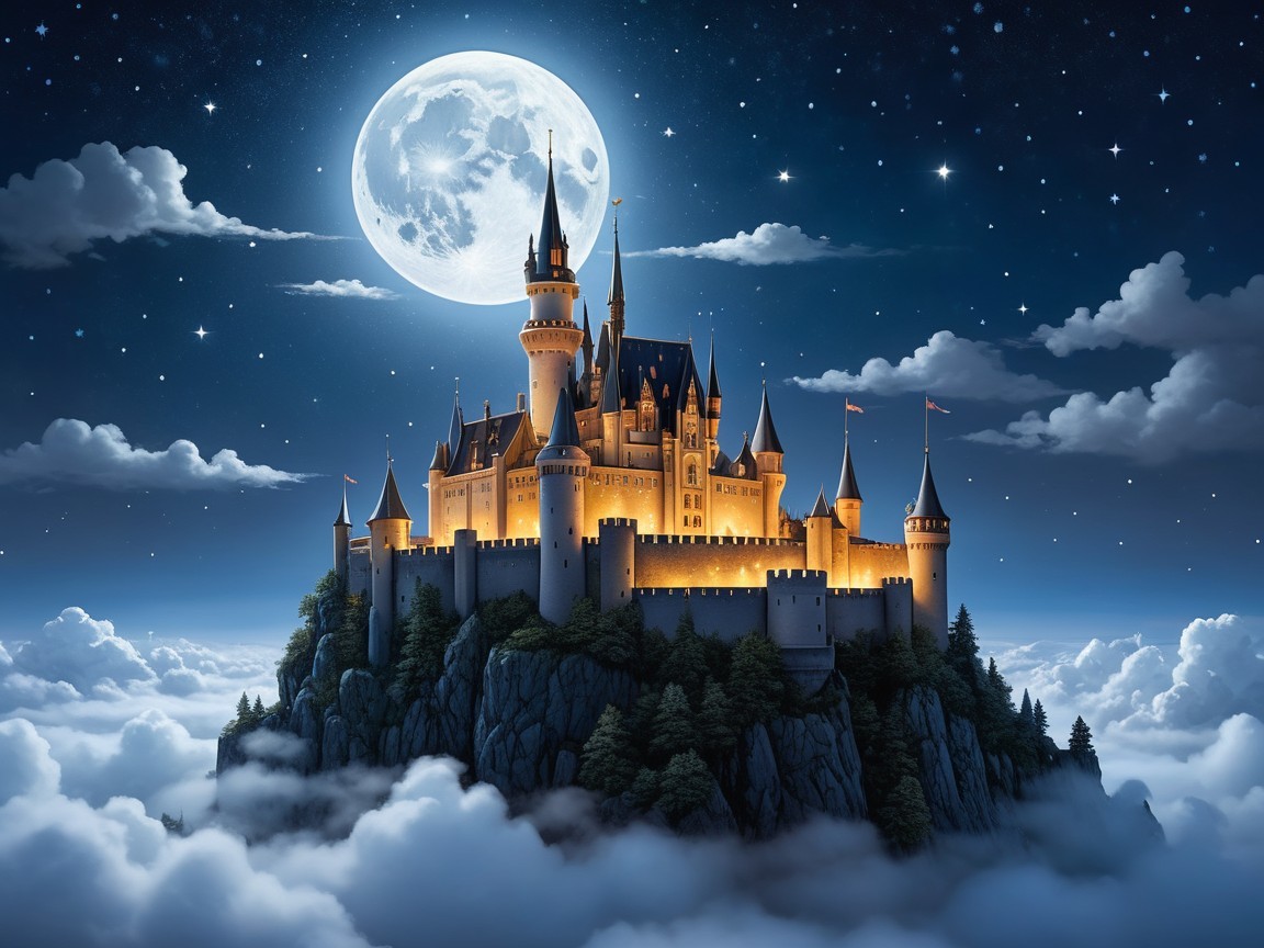 Majestic castle on a hill under a luminous moon