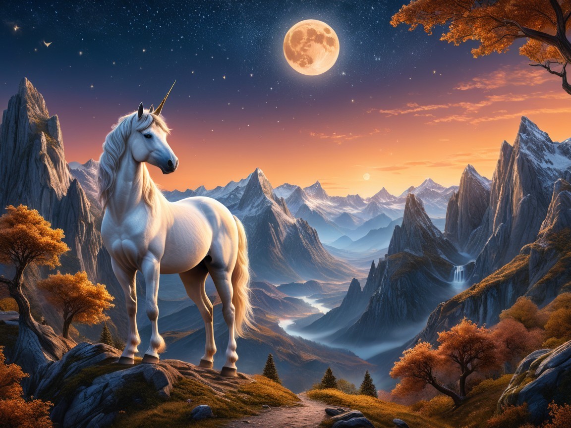Majestic unicorn on rocky outcrop under full moon