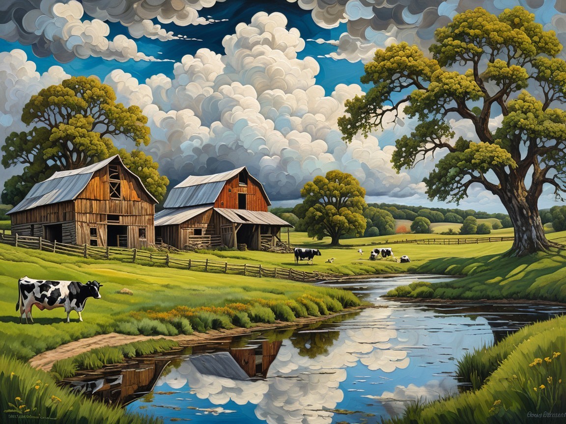 Serene Rural Landscape with Green Fields and Barns