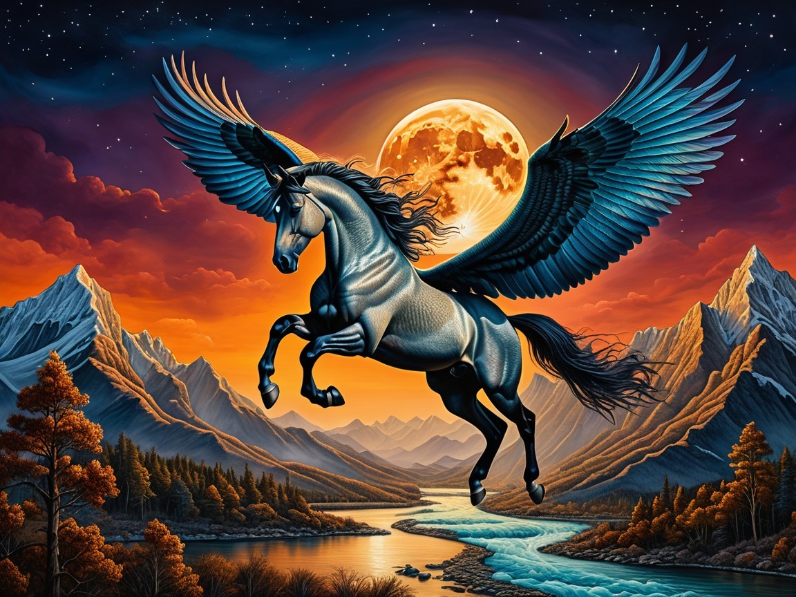 Black Pegasus in Twilight Sky with Scenic Landscape