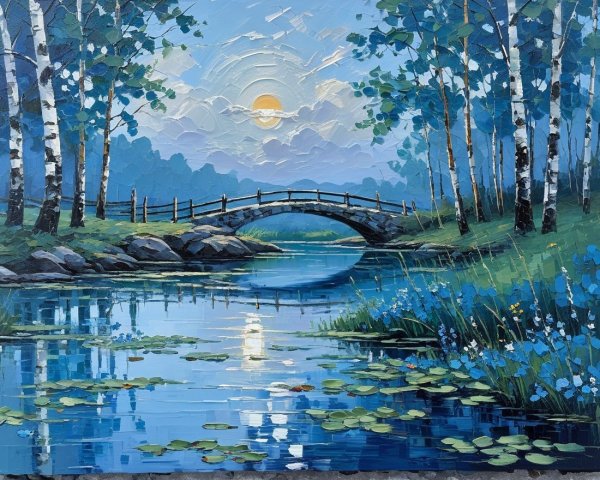 Serene Landscape with River, Bridge, and Birch Trees