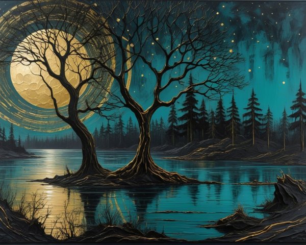 Silhouetted Trees and Moonlit Lake Night Scene