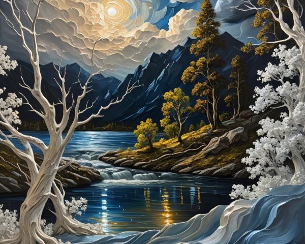 Tranquil Night Landscape with Moon and Reflective River