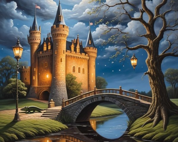 Majestic Castle Under Moonlight with Scenic River