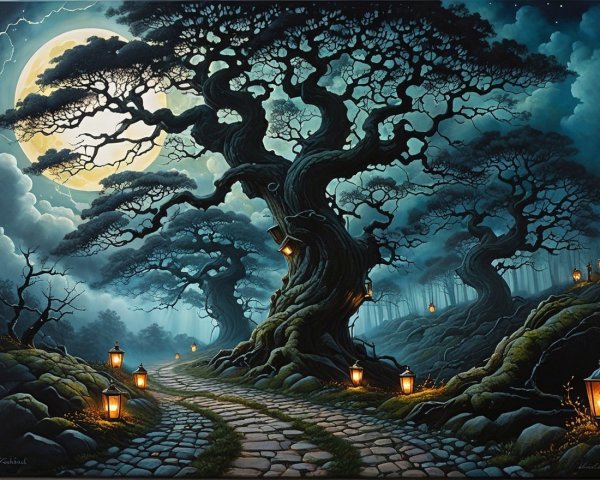 Mystical Pathway in a Shadowy Forest at Night
