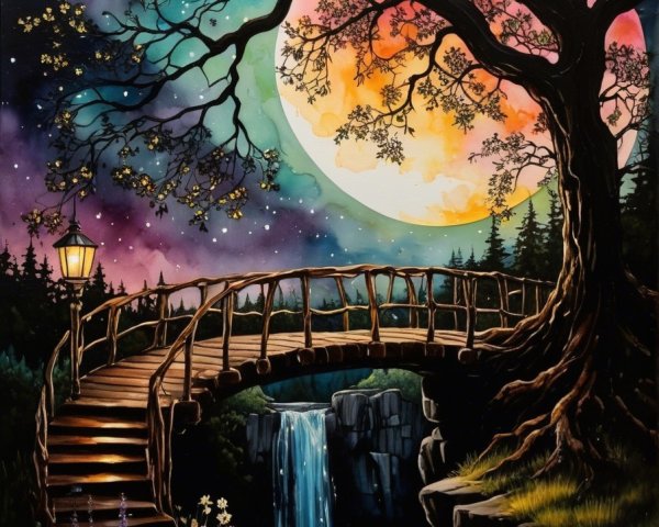 Vibrant Night Scene with Bridge and Waterfall