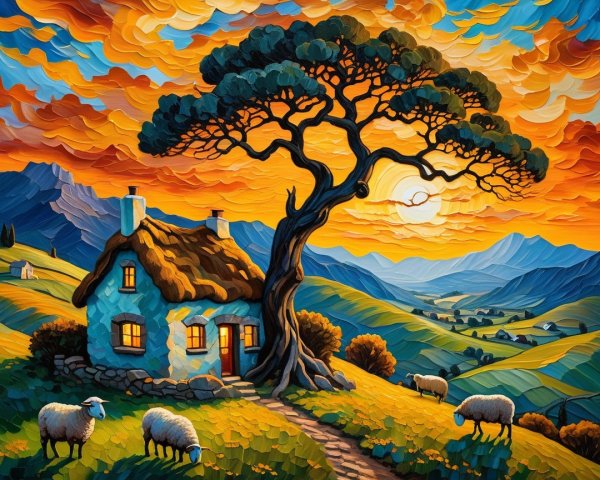 Cozy Cottage with Thatched Roof at Sunset Scene