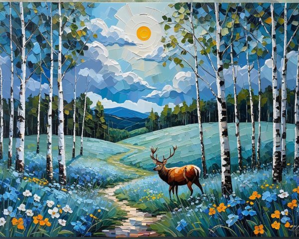 Vibrant Blue Meadow with Wildflowers and Birch Trees