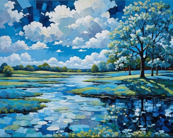 Vibrant Landscape Painting of Tranquil River Scene