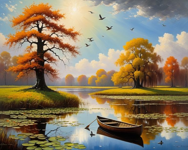 Autumn Landscape with Trees and Tranquil River
