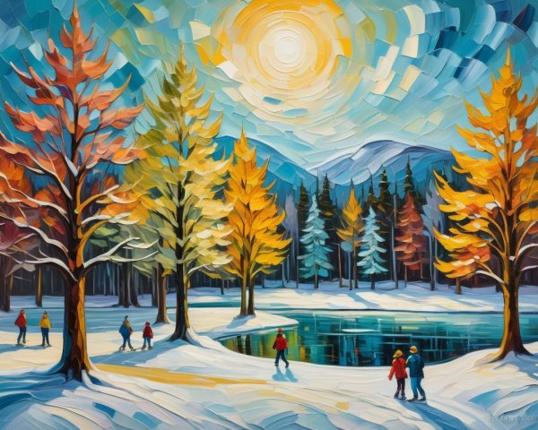 Vibrant Winter Landscape with Frozen Lake and Trees