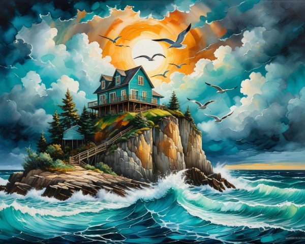 Seaside Scene with Teal House and Dramatic Sky