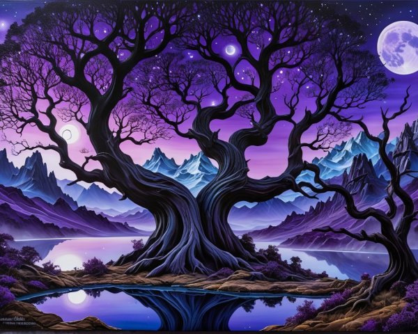 Twisted Tree Under Twilight Sky with Two Moons