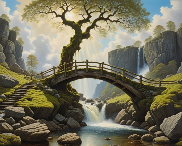 Serene Landscape with Tree, Bridge, and Waterfalls