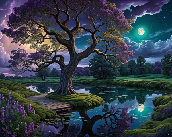 Majestic tree by tranquil pond under vibrant sky