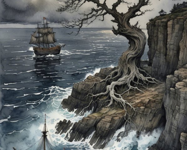 Dramatic Coastal Scene with Twisted Tree and Ship