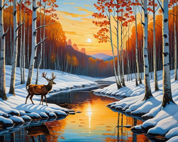 Serene Autumn Landscape with River and Deer