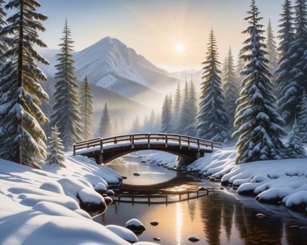Tranquil Winter Landscape with Snowy Bridge and Stream