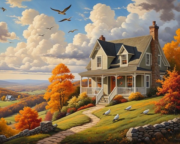 Charming Country House Surrounded by Autumn Foliage