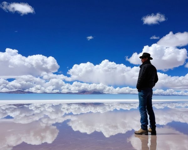 Silhouette on Salt Flat Under Blue Sky and Clouds