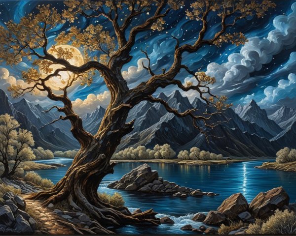 Serene Night Landscape with Tree and Moon Reflections