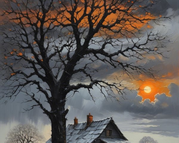 Rustic House in Snowy Landscape at Twilight