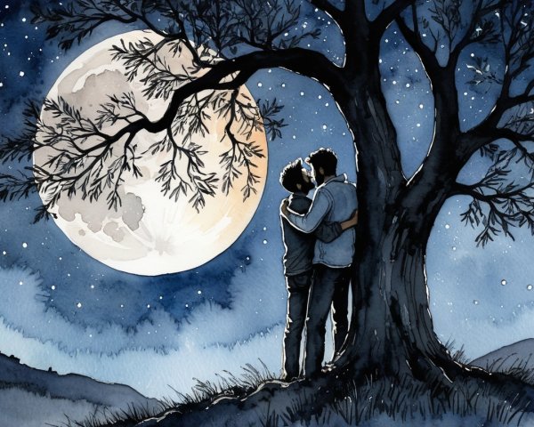 Couple Embraced Under Moonlit Tree at Night