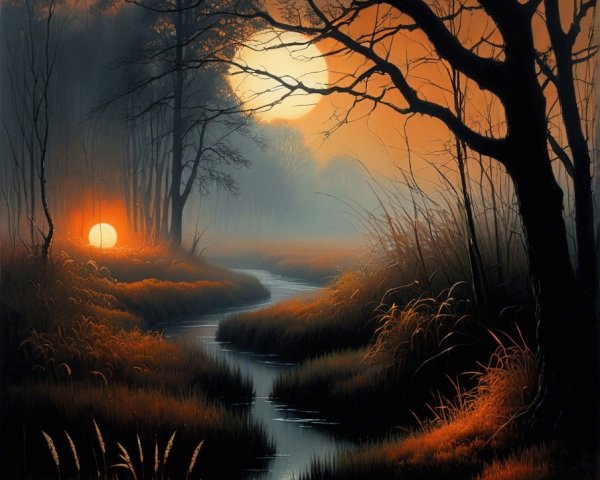 Twilight Landscape with Stream and Silhouetted Trees