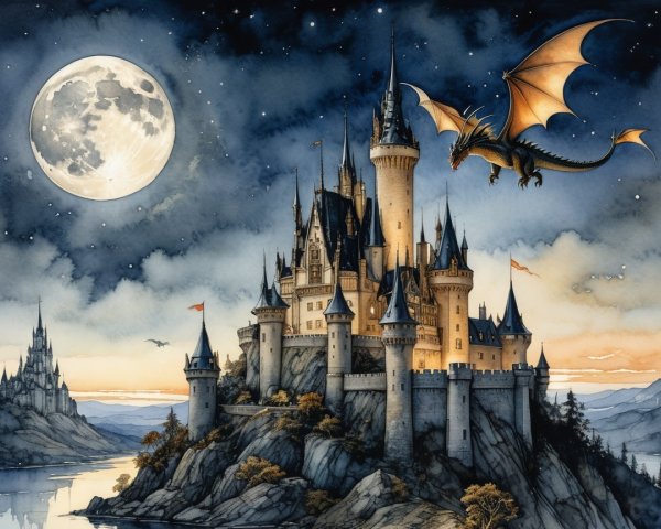 Majestic Castle on Cliff with Dragon and Moonlit Lake