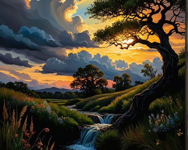 Vibrant Landscape with Stream and Dramatic Sky