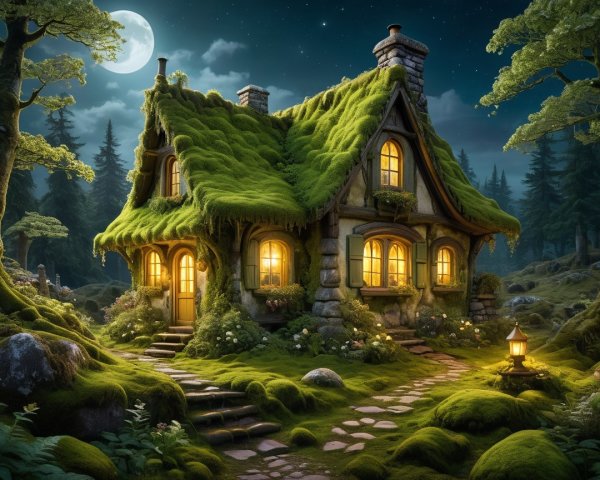 Whimsical Cottage in an Enchanted Forest Setting